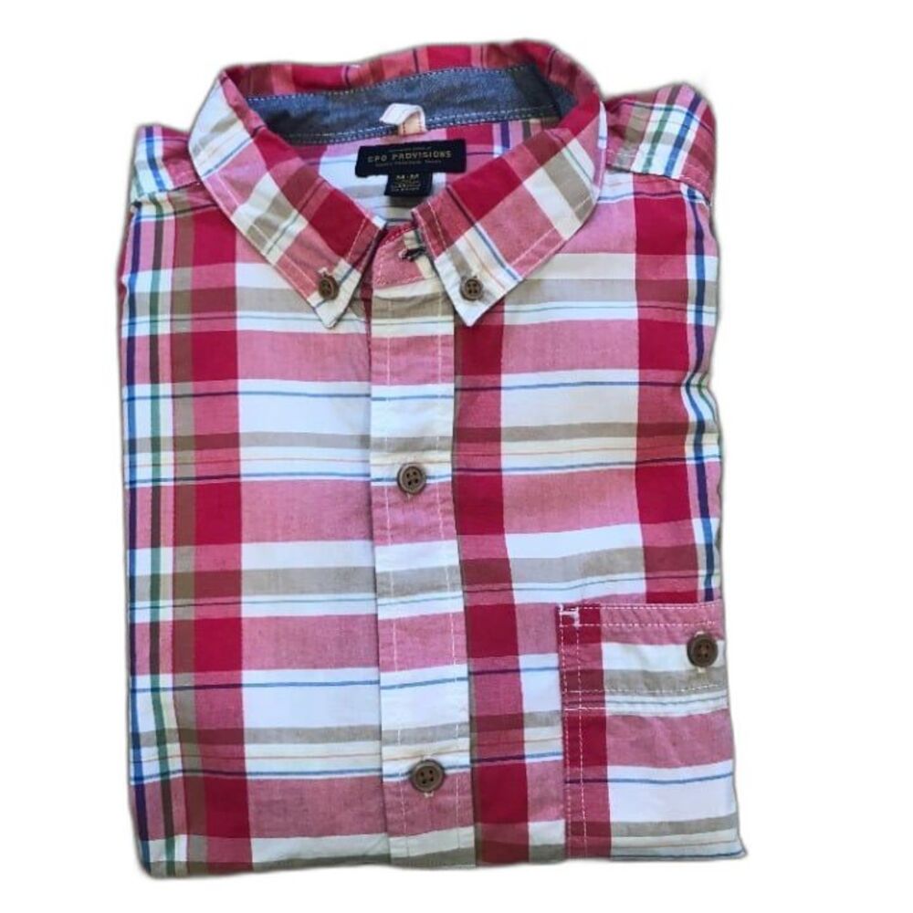 CPO Provisions Red Plaid Button Front Shirt Button Down Collar Medium Preppy